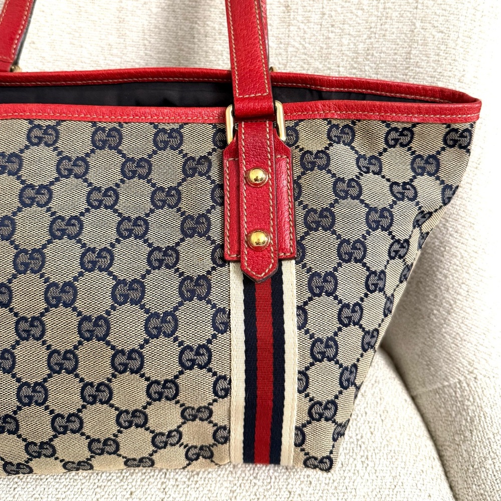 Authentic Gucci Sherry Line tote bag grey canvas red leather - Picture 8 of 16